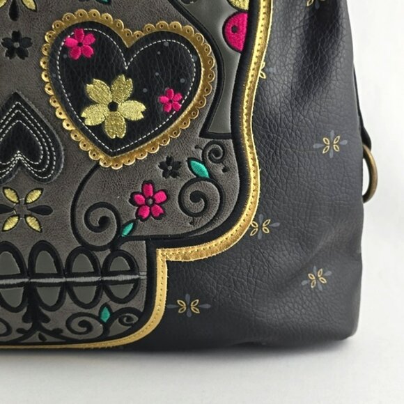 Loungefly Women's Sugar Skull Day of the Dead Large Black Faux Leather Bag Pink - Picture 12 of 16